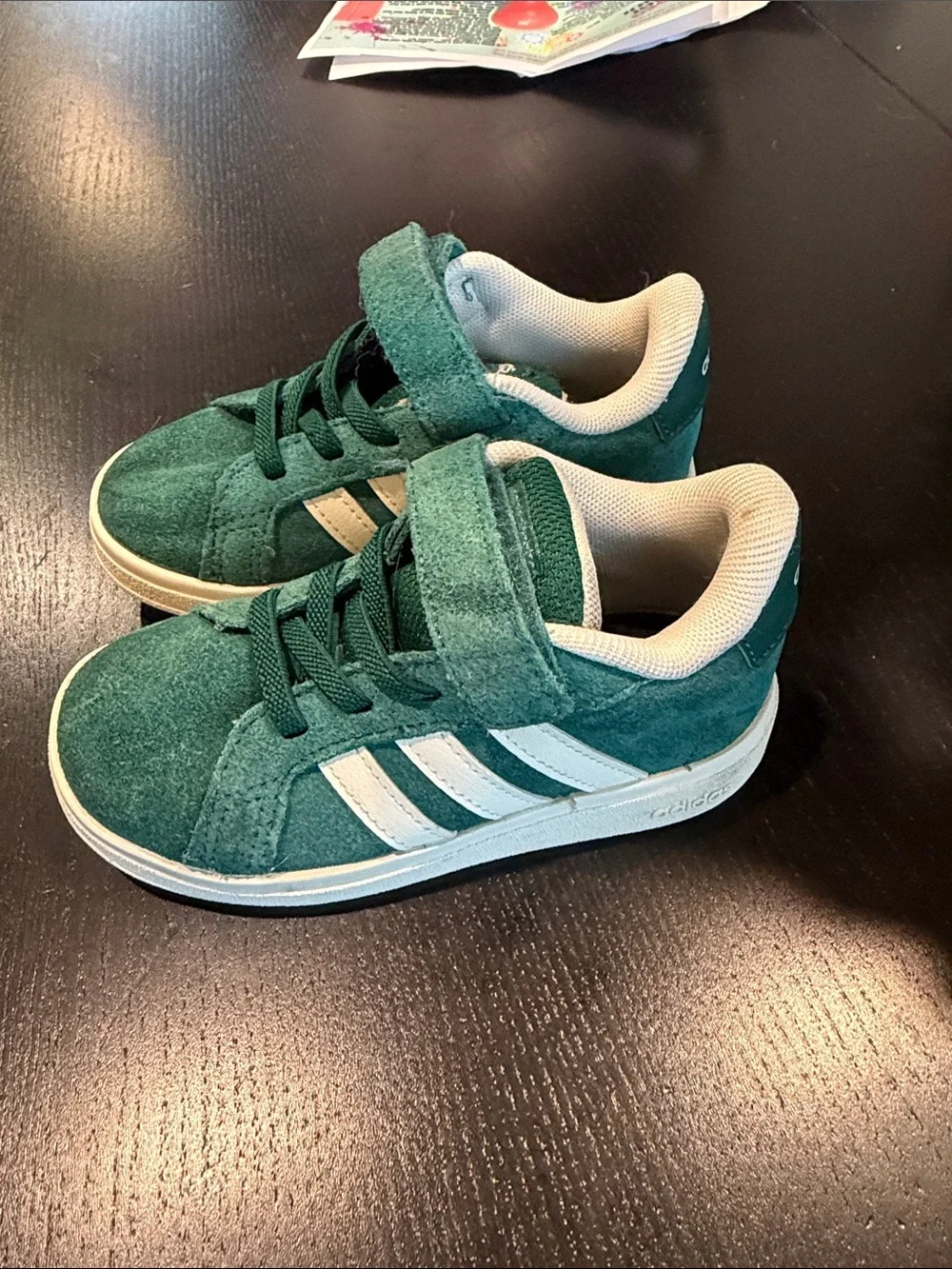 adidas Kids Green Suede Sneakers with White Stripes and Strap